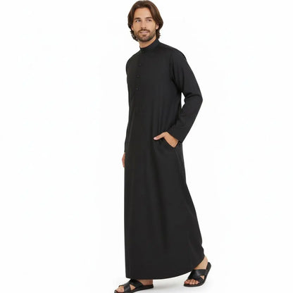 Middle East Arab Mens Robe Loose Fit Standing Collar Round Neck Traditional Islamic Clothing Long Kaftan