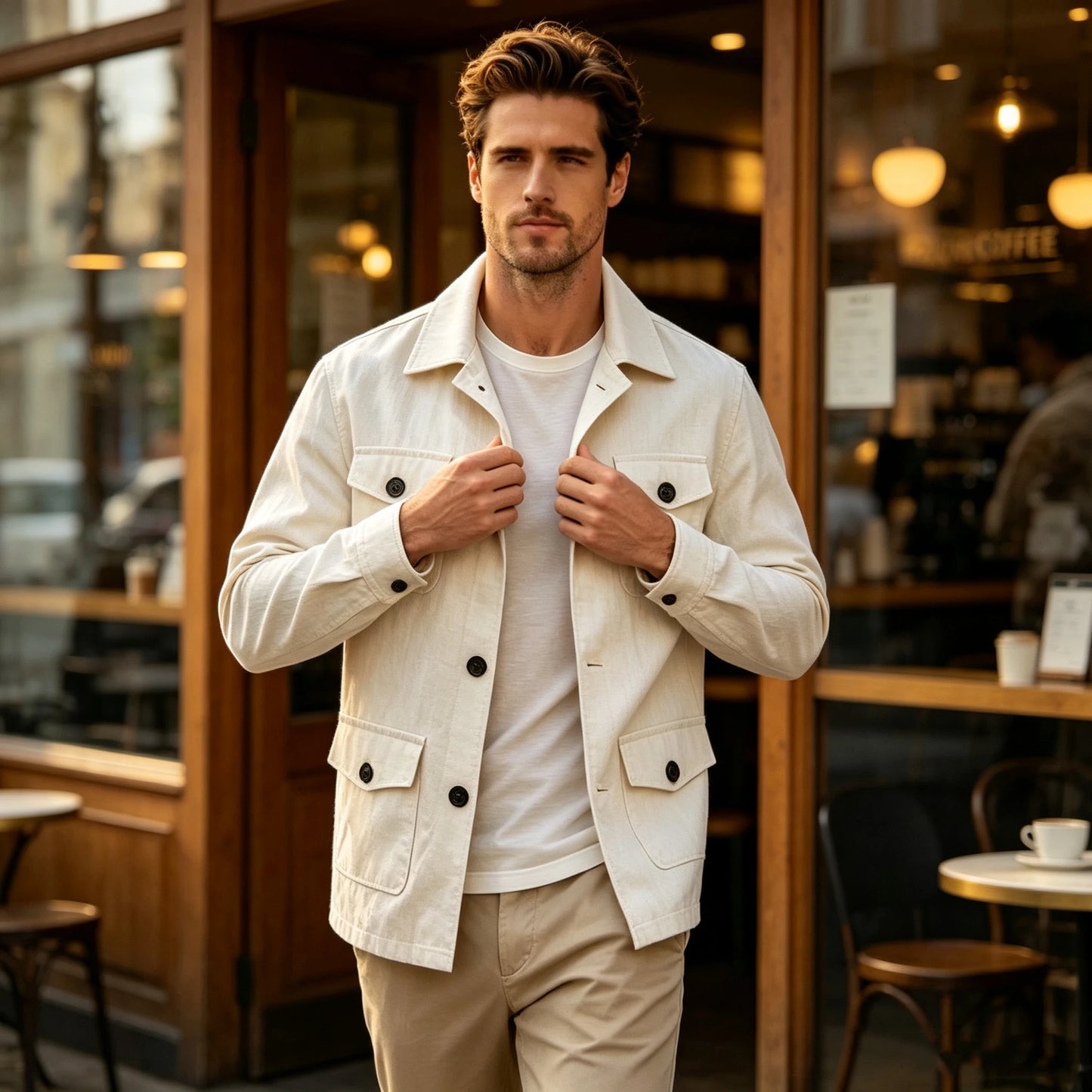 Men's Linen Blend Safari Jacket Retro British Style Multi-Pocket Workwear Coat Business Casual Suit Blazer for Spring Summer