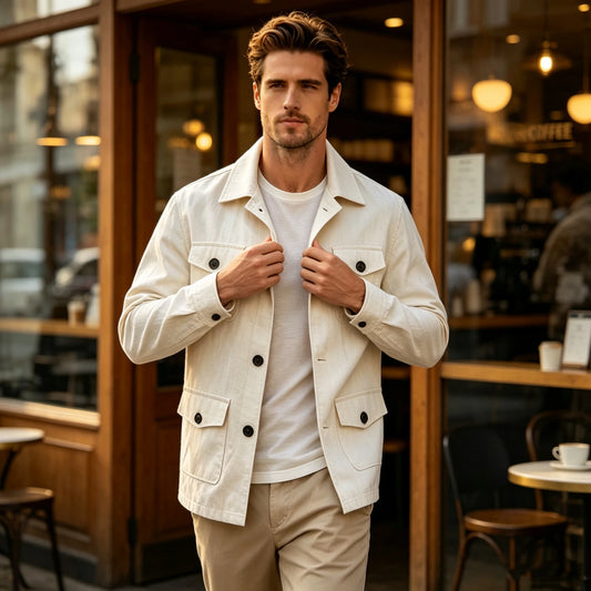 Men's Linen Blend Safari Jacket Retro British Style Multi-Pocket Workwear Coat Business Casual Suit Blazer for Spring Summer