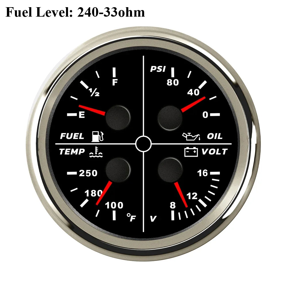 ELING Waterproof Auto Marine 85mm 4 in 1 Gauge Oil Pressure Water Temp Fuel Level Voltmeter for Motorcycle 8-16V