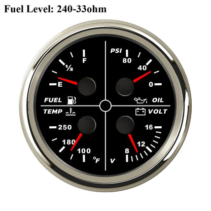 ELING Waterproof Auto Marine 85mm 4 in 1 Gauge Oil Pressure Water Temp Fuel Level Voltmeter for Motorcycle 8-16V
