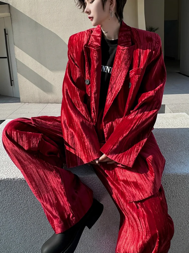 Mens Loose Fit Velvet Suit Set Red Double Breasted Blazer Jacket Pants Two Piece Set Spring New Banquet Party Suits Matching Set