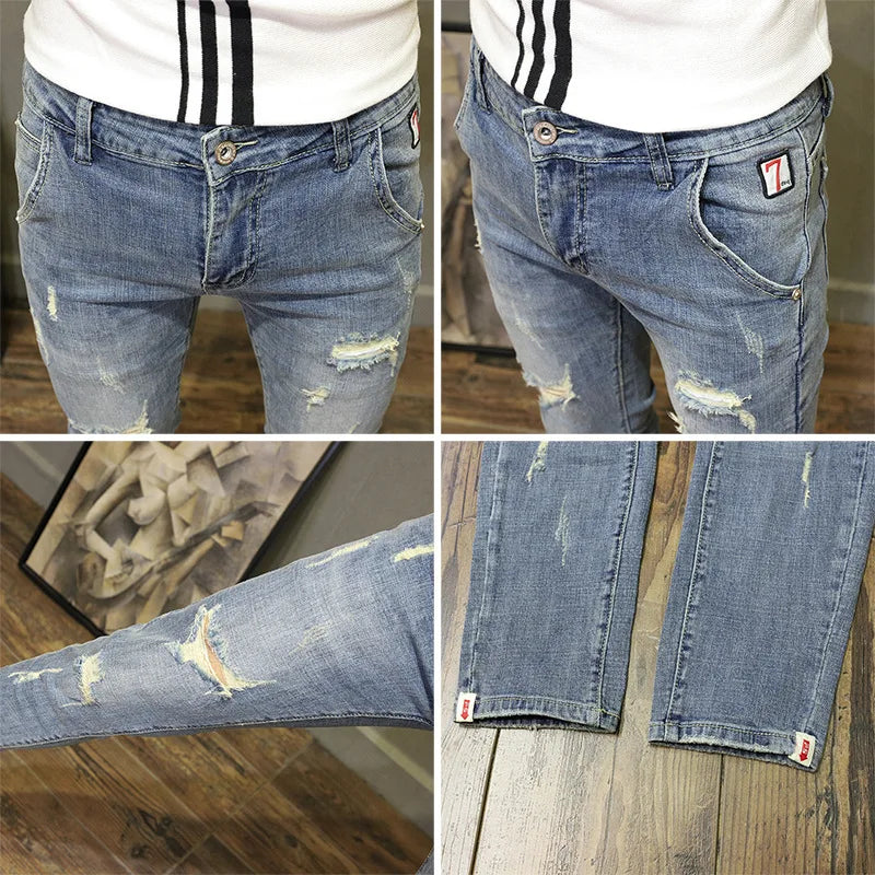 Light-colored Distressed Denim Cropped Trousers For Men Personality Slant Pocket Design, Embroidered Slim-fit Pencil Trousers