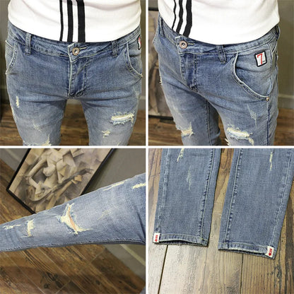 Light-colored Distressed Denim Cropped Trousers For Men Personality Slant Pocket Design, Embroidered Slim-fit Pencil Trousers