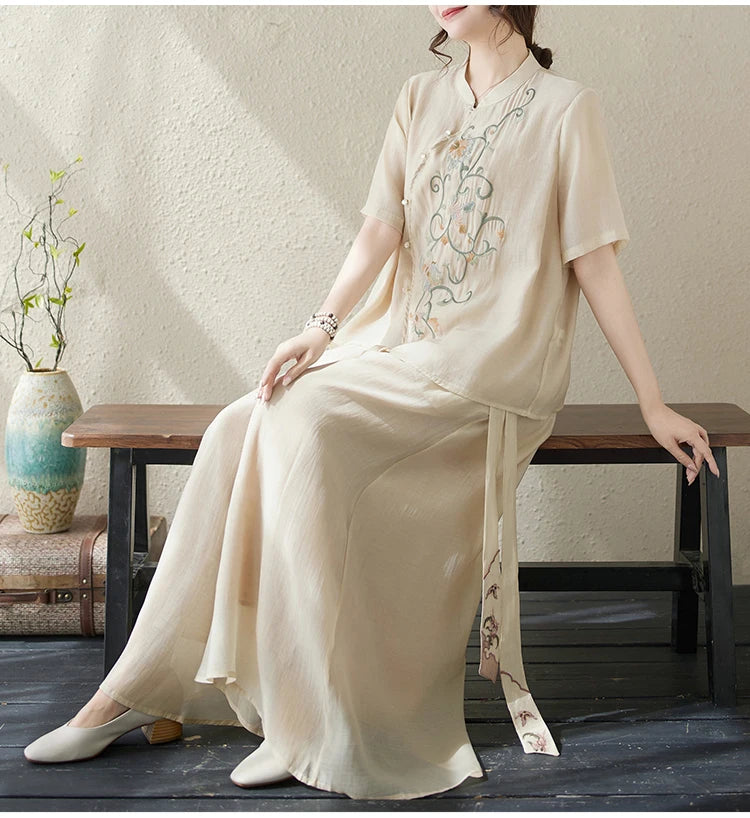 New National Style Heavy Embroidery  Set Women Summer Loose plus Size Fringed Wide Leg Pants Skirt Slimming Two Piece Set