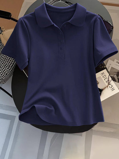 Loose Fit Women's  Neck Short Sleeve Cotton T-Shirt Casual Button up Top Korean Style Summer Fashion Ladies' Shirt