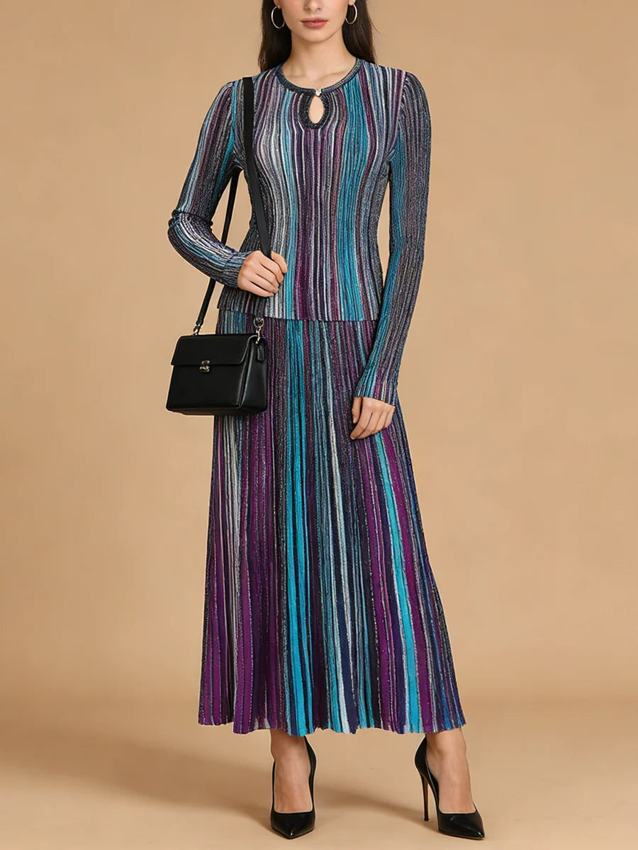 VGH Elegant Stylish Striped Knit Two Piece Set for Women Slimming Long Sleeve Pullovers Pleated Skirt Outfit for Cocktail Events