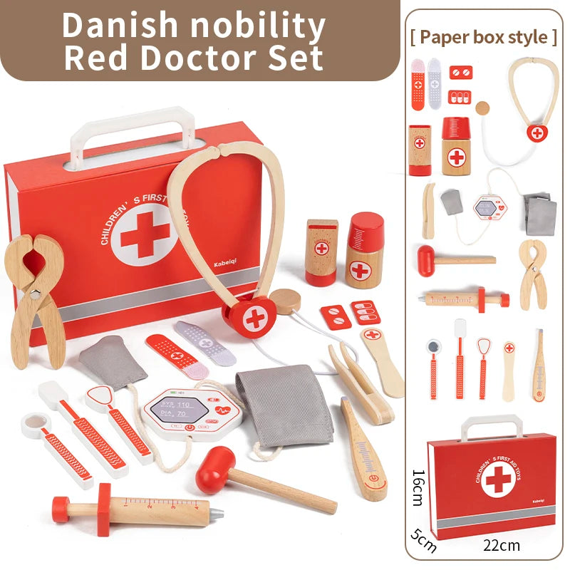 Red Wooden Doctor Toy Set - Imaginative Role Play and Fine Motor Skills for Children Aged 3 and Up Gift Box or Drawstring Bag