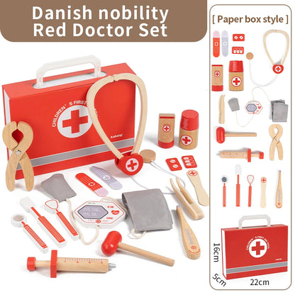 Red Wooden Doctor Toy Set - Imaginative Role Play and Fine Motor Skills for Children Aged 3 and Up Gift Box or Drawstring Bag