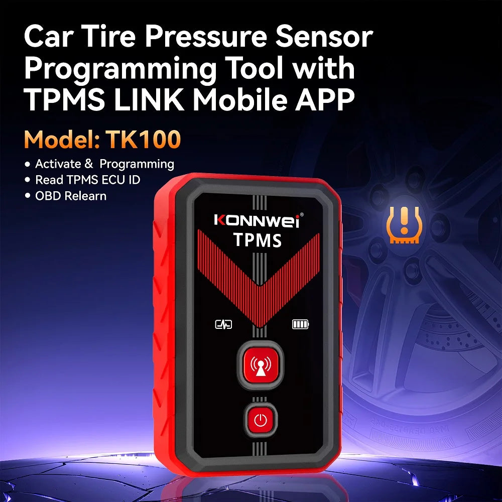 2026 KONNWEI TK100 TPMS Car Tire Pressure Diagnostic Tool Relearn Program 2PCS 315/433Mhz Sensor For ios Android TPMS Programing