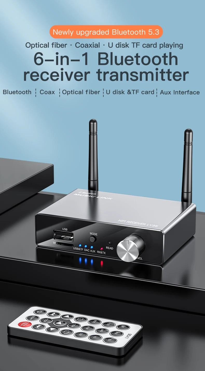 6 IN 1 DAC Bluetooth 5.3 Receiver Transmitter Optical Coaxial AUX RCA USB TF Wireless Audio Adapter Digital to Analog Converter