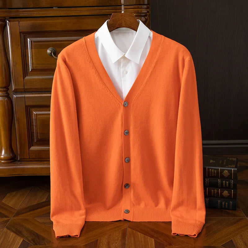Autumn Winter V-neck Merino Wool Cardigan Men's Cashmere Knitwear Sweater Button Top Casual Basic Business Clothing Tops