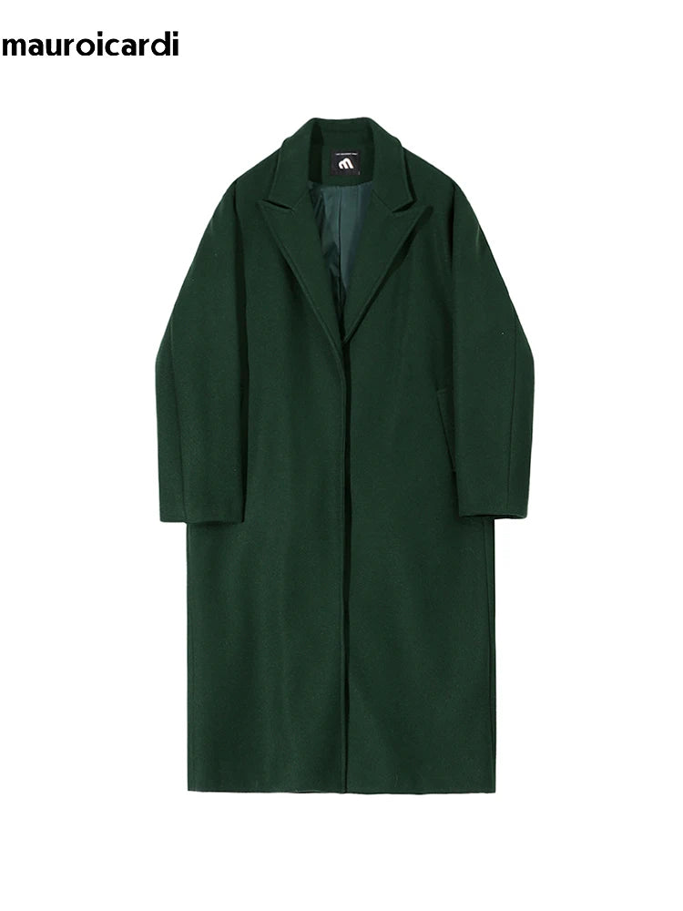 Mauroicardi Autumn Winter Long Warm Oversized Soft Dark Green Black Woolen Coat Men Loose Casual Korean Wool Blends Overcoat