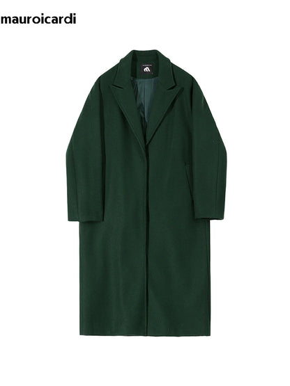 Mauroicardi Autumn Winter Long Warm Oversized Soft Dark Green Black Woolen Coat Men Loose Casual Korean Wool Blends Overcoat