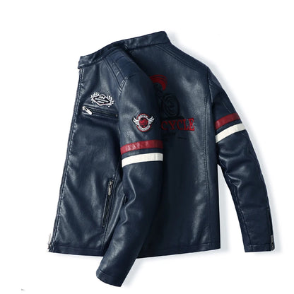 Men's PU Leather Motorcycle Racing Jacket Thin Embroidered Biker Color Zipper Closure Casual Outerwear