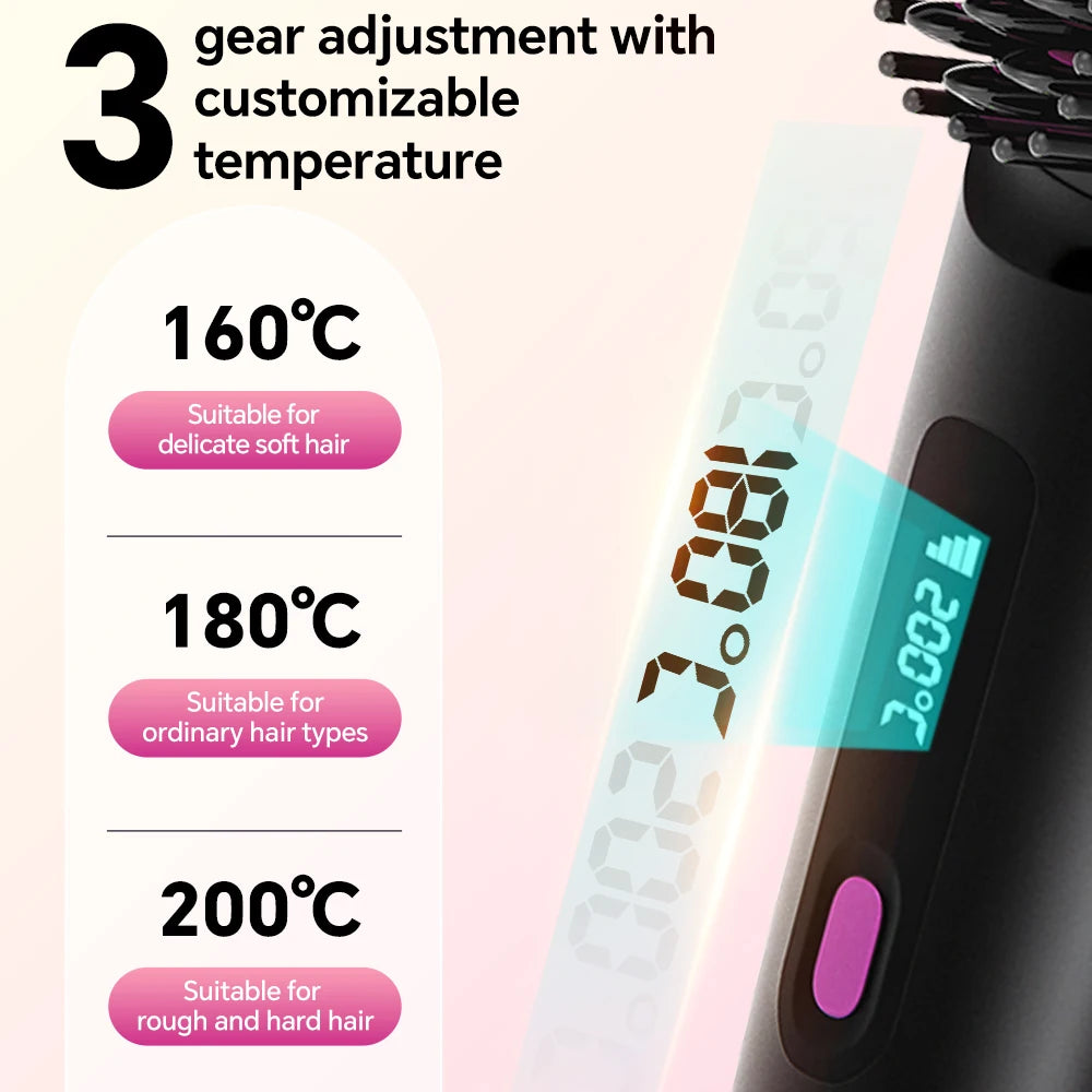 Rechargeable Hair Straightener Brush, Ionic Straightening Comb with 20s Fast Heating, 3 Temp Settings & Auto-Off for Home Salon