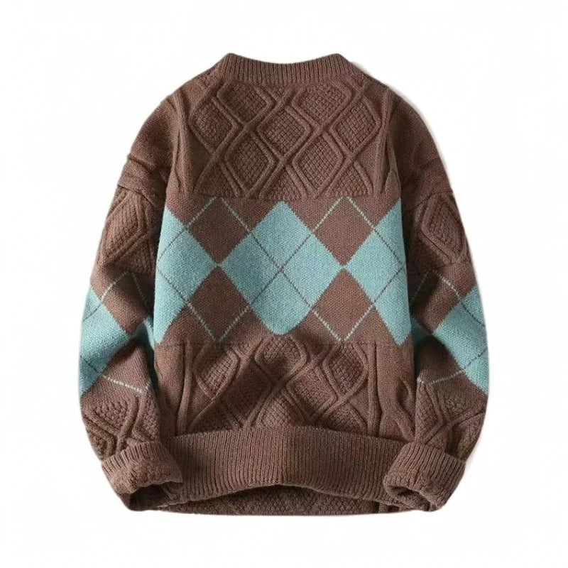 Men's sweater for autumn and winter, warm knit sweater, trendy oversized diamond grid base sweater