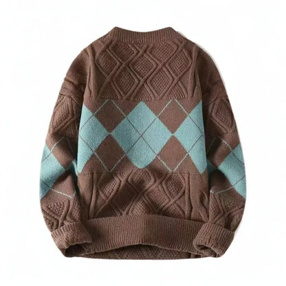 Men's sweater for autumn and winter, warm knit sweater, trendy oversized diamond grid base sweater