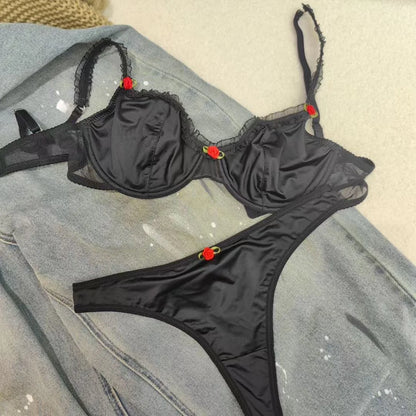 4 Color Fashion Women Lingerie Set Sexy Lace Ultra Thin Comfort Bra French Silk Satin Underwear Bralette Ladies Bras and Thongs