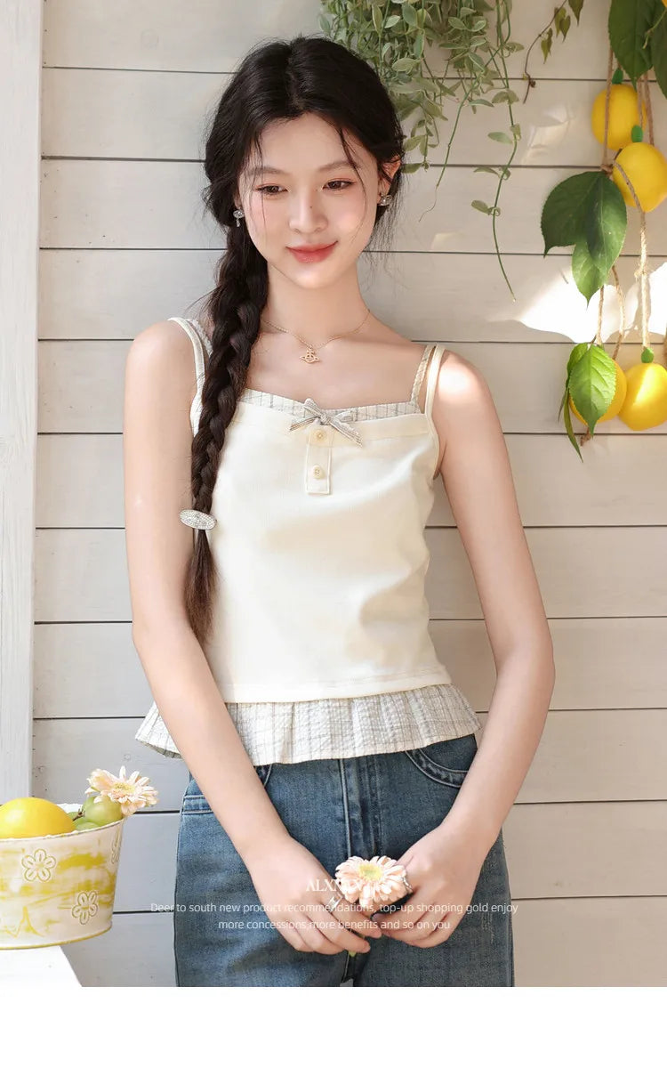 ALXNAN Cream Yellow Plaid Spliced Camisole Women 2026 Summer Elegant Sweet Beach Sleeveless Tops Casual Bow Design Camis L62323