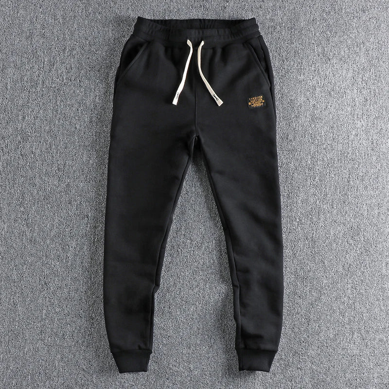 Autumn Winter American Retro Heavyweight Velvet Sweatpants Men's Fashion Pure Cotton Drawstring Sport Casual Ankle-tied Pants