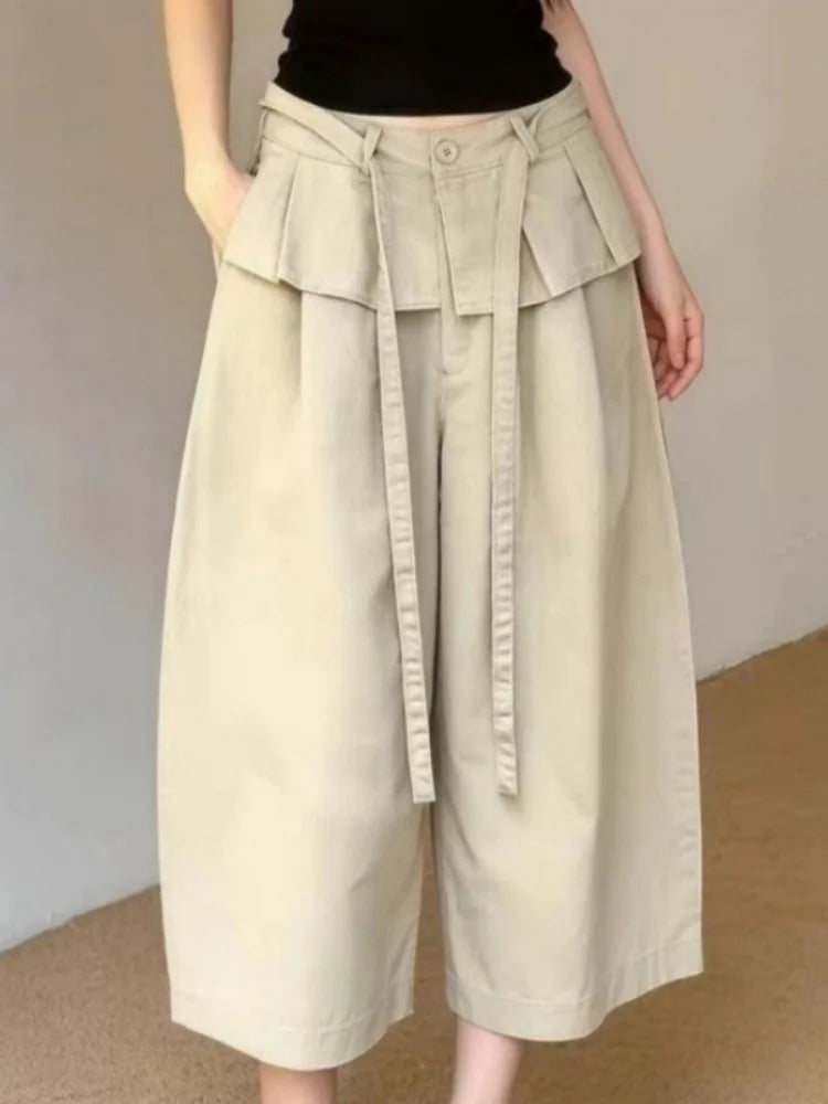 Summer New Korean Style Khaki Design Casual Pants Women plus Size Loose Slimming Nine Points Trousers High Waist Straight Leg