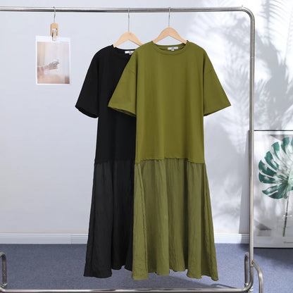 Fashion Women Patchwork Dress Chic Short Sleeve Round Neck Solid Ruffles Female Dress Casual Lady Streetwear Commute Summer 2026