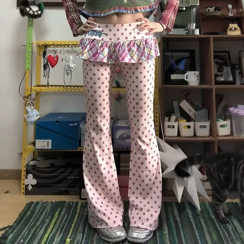 Y2K Girl's Slim Fit Star Print Pants Thin Micro Flared Summer Fashion Trendy Skirt Pants Casual Low Waist Polyester Fiber