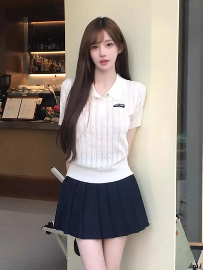 Miu Series White Knitted  Shirt Ice Silk Short Sleeve Turn-down Collar Slimming Effect Summer T-shirt for Women Korean Style