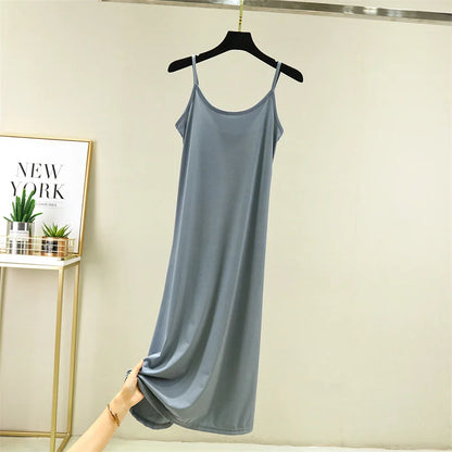 Summer Thin Ice Silk A-Line Dress Women's Casual Long Gown Inner Wear Vest Dress plus Size Korean Style Loose Waist Design