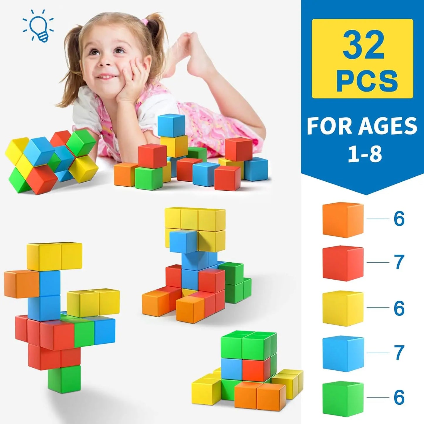 Magnetic Building Blocks Large, Magnetic Stacking Cubes for Toddlers Sensory & Montessori Toys for Boys & Girls 1 2 3 Years Old
