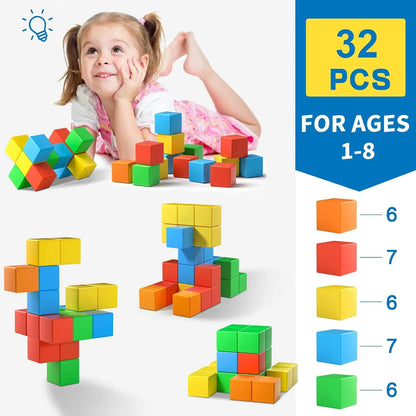 Magnetic Building Blocks Large, Magnetic Stacking Cubes for Toddlers Sensory & Montessori Toys for Boys & Girls 1 2 3 Years Old