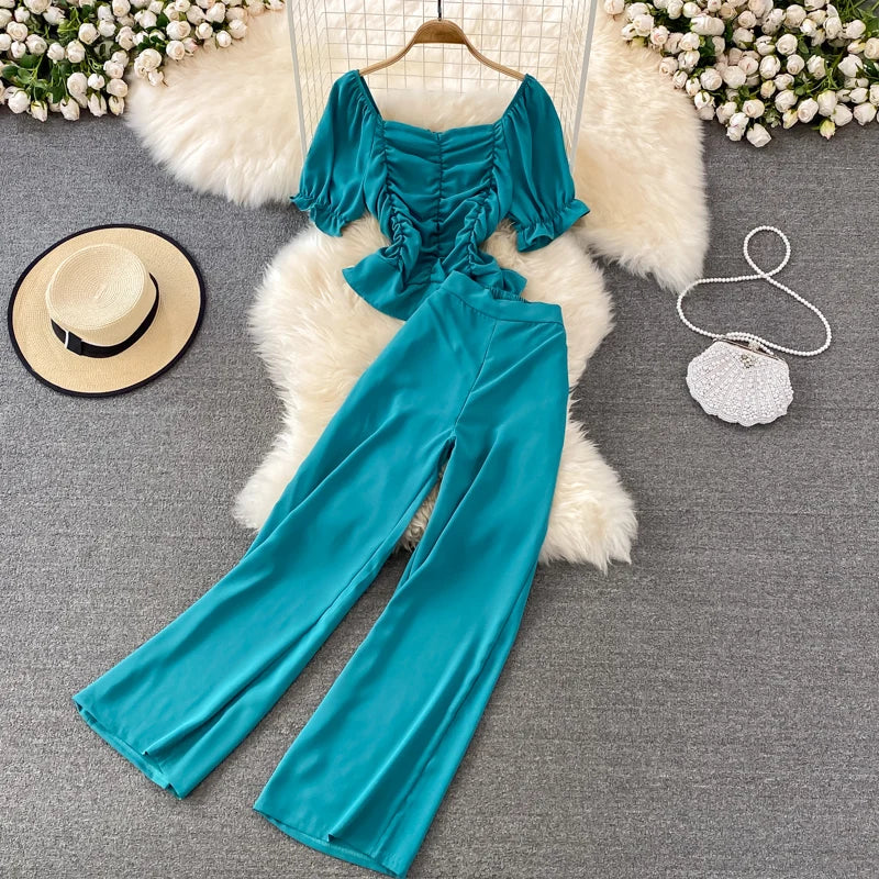 Faionable Casual Women's Set High Waist Wide Leg Pants Long Pants Two Piece Square Collar Slim Fit irt Spring