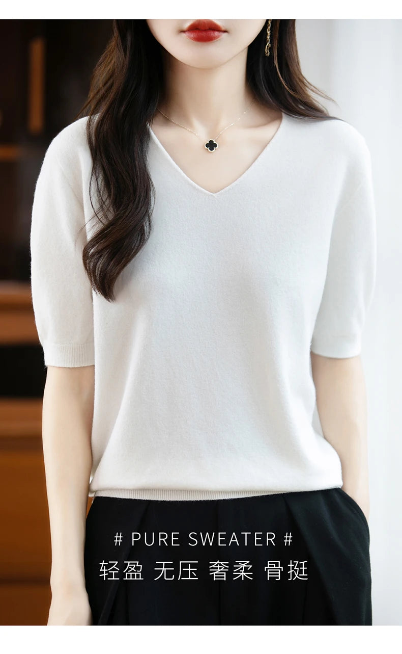 Thin Worsted Wool Short-Sleeved Women's Loose Round Neck T-shirt Printed Summer Fashion Knitted Bottoming Shirt Half-Sleeved