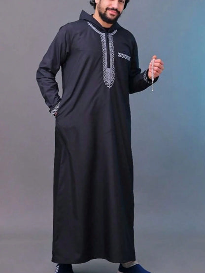 Hooded Moroccan robe Luxury men's embroidered sleeve long pocket Muslim garment Abaya Middle East Juba Thobe robe
