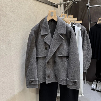 Fashion Winter Male Short Style Turn Down Collar Jacket Loose Fit Double Breasted Trench Coat Long Sleeves Pocket Warm Overcoat