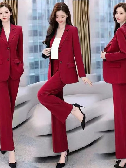 Spring 2026 plus Size Suit Set Loose Wide Leg Pants Two Piece Set Korean Style Commute Casual High Waist Polyester Fiber