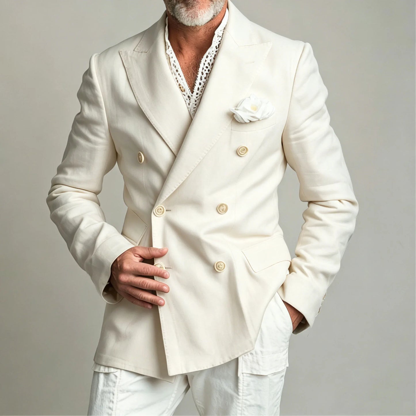 Men's Linen Blazer Jacket Summer Double Breasted Peak Lapel Slim Fit Lightweight Casual Linen Men Sport Coat For Gentlemen