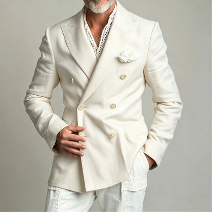 Men's Linen Blazer Jacket Summer Double Breasted Peak Lapel Slim Fit Lightweight Casual Linen Men Sport Coat For Gentlemen