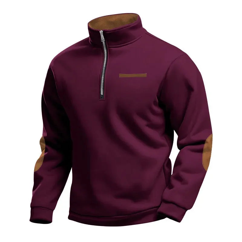Men's Casual Sweatshirt American Style Autumn Winter Fleece Half-Zip Stand Collar Patchwork Color Block Henry Sweatshirt for Men