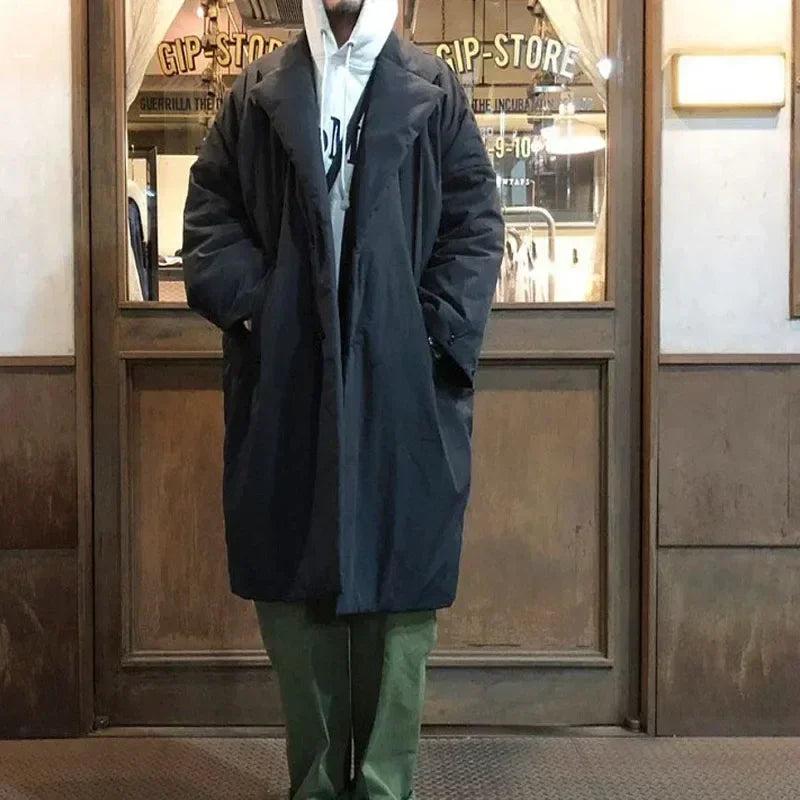 Japanese Trench Coat Winter New Arrival Black Loose Cotton Long Jacket Thickened Casual Male Parka