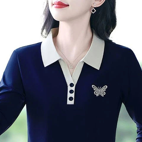 Elegant Embroidered Long Sleeve  Shirt for Women Collared Base Layer Top Anti-Aging Spring Autumn Wear Polyester Fiber