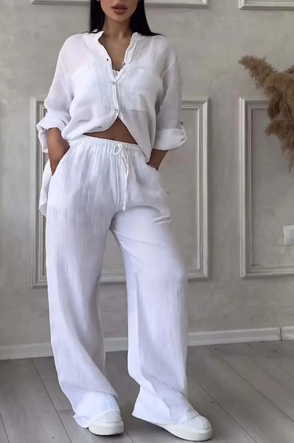Women's  Color Long Sleeve Shirt And Wide Leg Pants Two-Piece Set Button-Up Tie Waist Long Pants Fashionable Ensemble