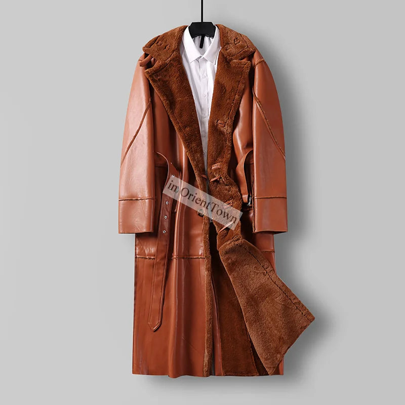 Large Loose Fur 1 Piece Leather Long Jacket For Men Over The Knee Warm Windbreaker For Man Winter Trench Coat  in OrientTown 027