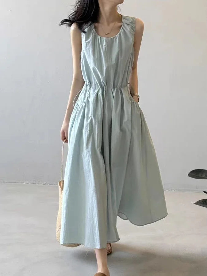 Casual Korean Style Drawstring Waist Vest Dress Loose Fit Summer New Arrival Women's Dress Comfortable Cotton A-Line Skirt
