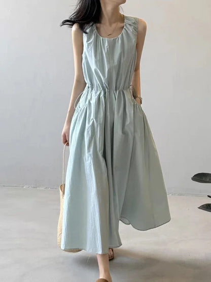 Casual Korean Style Drawstring Waist Vest Dress Loose Fit Summer New Arrival Women's Dress Comfortable Cotton A-Line Skirt