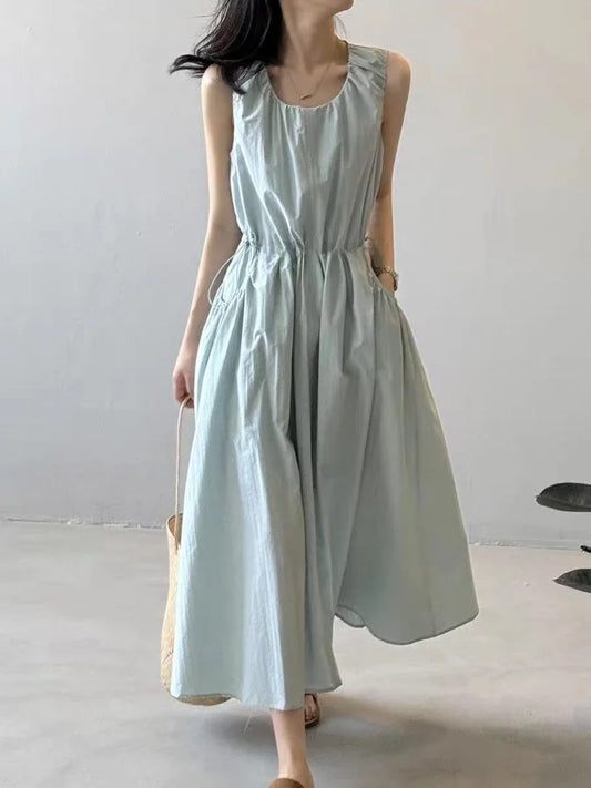 Casual Korean Style Drawstring Waist Vest Dress Loose Fit Summer New Arrival Women's Dress Comfortable Cotton A-Line Skirt