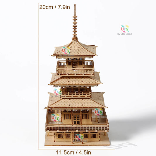 URY 3D Wooden Tower Ancient Pagoda Chinese Traditional Puzzle DIY Model Game Assembly Desktop Toy Gift for Adult