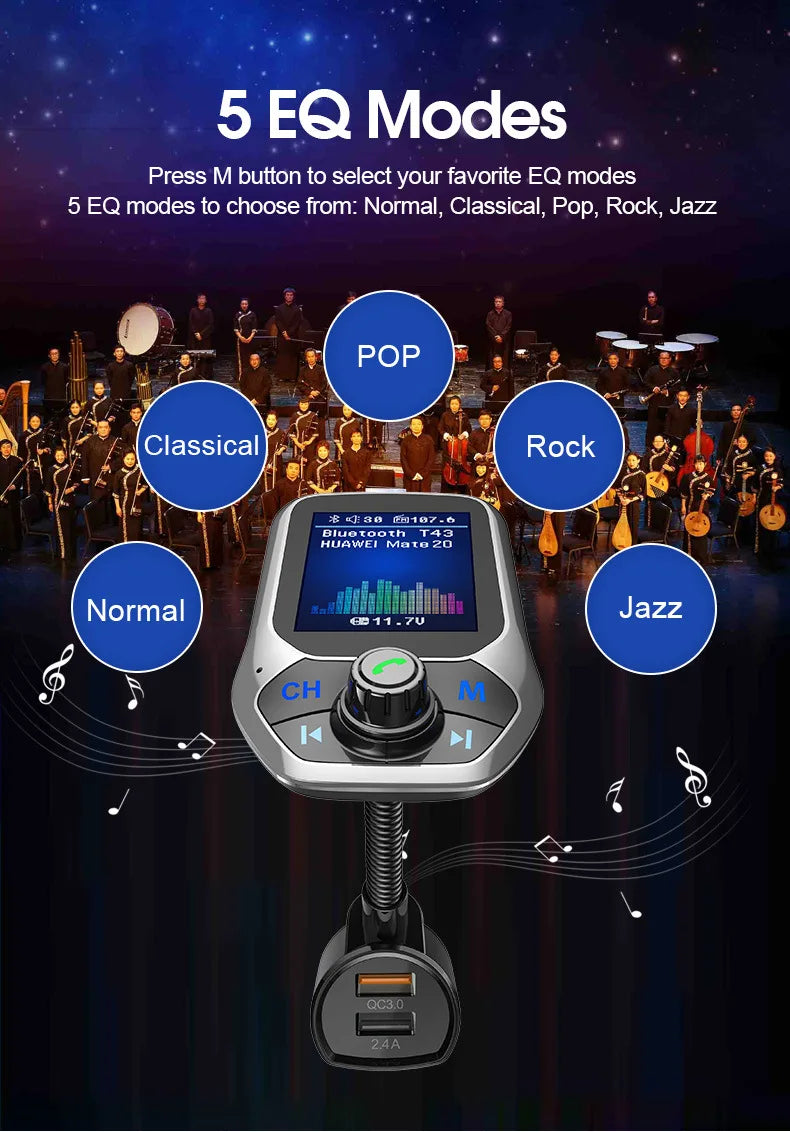 Bluetooth FM Transmitter Handsfree 1.8'' TFT Display Car radio MP3 Music USB SD EQ Player Built-in Mic Quick Charge 3.0 Adapter