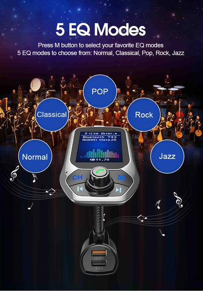 Bluetooth FM Transmitter Handsfree 1.8'' TFT Display Car radio MP3 Music USB SD EQ Player Built-in Mic Quick Charge 3.0 Adapter